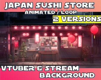 Puede incluir: Bucle animado de una fachada de restaurante de sushi japonés con faroles rojos y letreros de neón. El texto en el letrero dice "Sushi Store". La fachada está iluminada por la noche y tiene un toldo rojo. Este bucle animado es ideal para usar como fondo virtual para streamers y Vtubers.