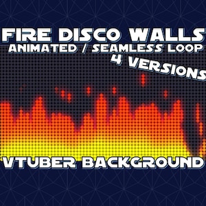 Puede incluir: Fondo digital animado con un diseño de fuego. La imagen presenta el texto "FIRE DISCO WALLS" y "VTUBER BACKGROUND". El fondo es un bucle continuo y está disponible en 4 versiones. El diseño incorpora un degradado de amarillo, naranja y rojo.