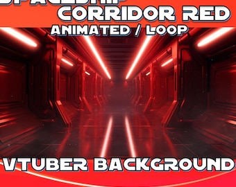 Pode incluir: Um corredor vermelho de nave espacial com luzes brilhantes, animado e em loop, adequado para usar como fundo virtual.