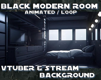 Puede incluir: Una habitación moderna negra con una cama, un televisor y una ventana. La habitación está iluminada por una luz suave. El texto "BLACK MODERN ROOM ANIMATED / LOOP VTUBER & STREAM BACKGROUND" se muestra en la imagen.