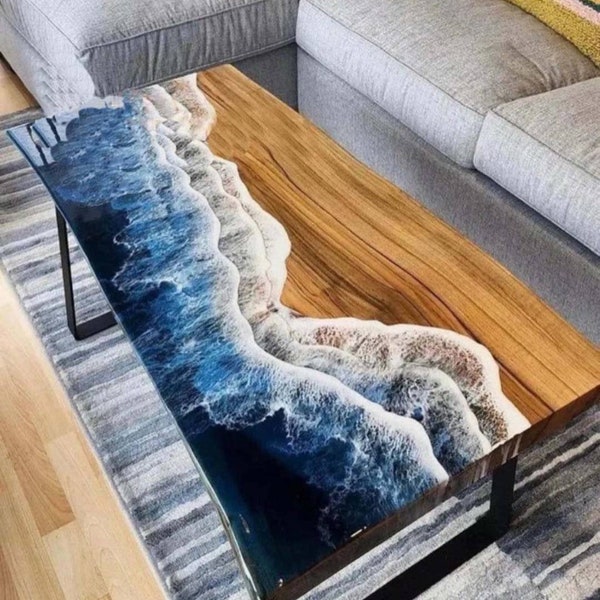 Spezieller Ocean Wave Epoxy Top Center Tisch, Handgefertigte Möbel, Maß Esstisch, Resin River Live Edge Epoxy Tisch, Konsolenbar