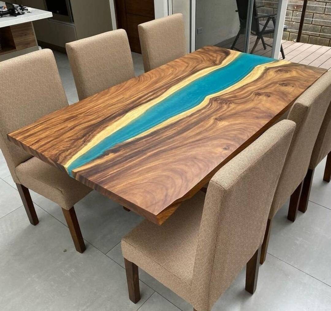 Epoxy Table,acacia Blue Epoxy Dining Table, Custom Live Edge Resin