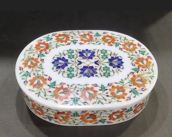 Decorative White Marble Box Inlaid With Flowers, Oval Jewellry Box With Lattice Work, Floral Trinket Box, Pietra Dura Box, Stone Ring Box