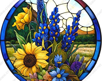 Texas Bluebonnet Flowers And Sunflowers Faux Stained Glass Wreath Sign Attachment-Sublimation-Round-Summer Decor