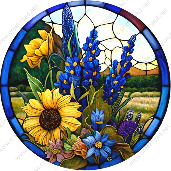 Texas Bluebonnet Flowers And Sunflowers Faux Stained Glass Wreath Sign Attachment-Sublimation-Round-Summer Decor