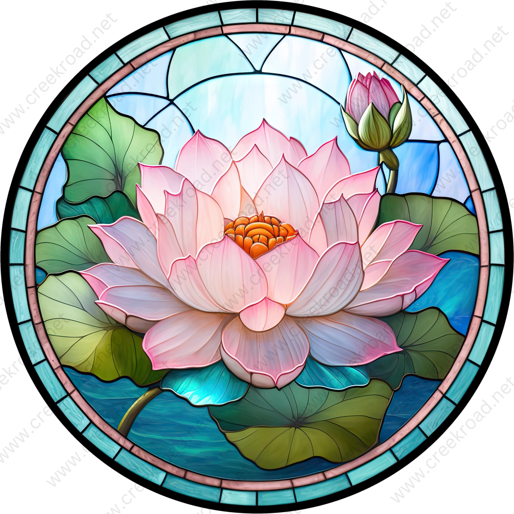 Pink Lotus Flower Faux Stained Glass Wreath Sign-sublimation-round