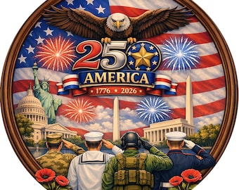 America 250th Anniversary Patriotic Military & Landmarks Sublimated Wreath Sign