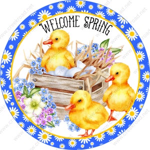 Bienvenido primavera patitos bebé en caja flores de primavera blanco amarillo margarita borde corona signo-sublimación-aluminio-redondo-primavera-verano-decoración