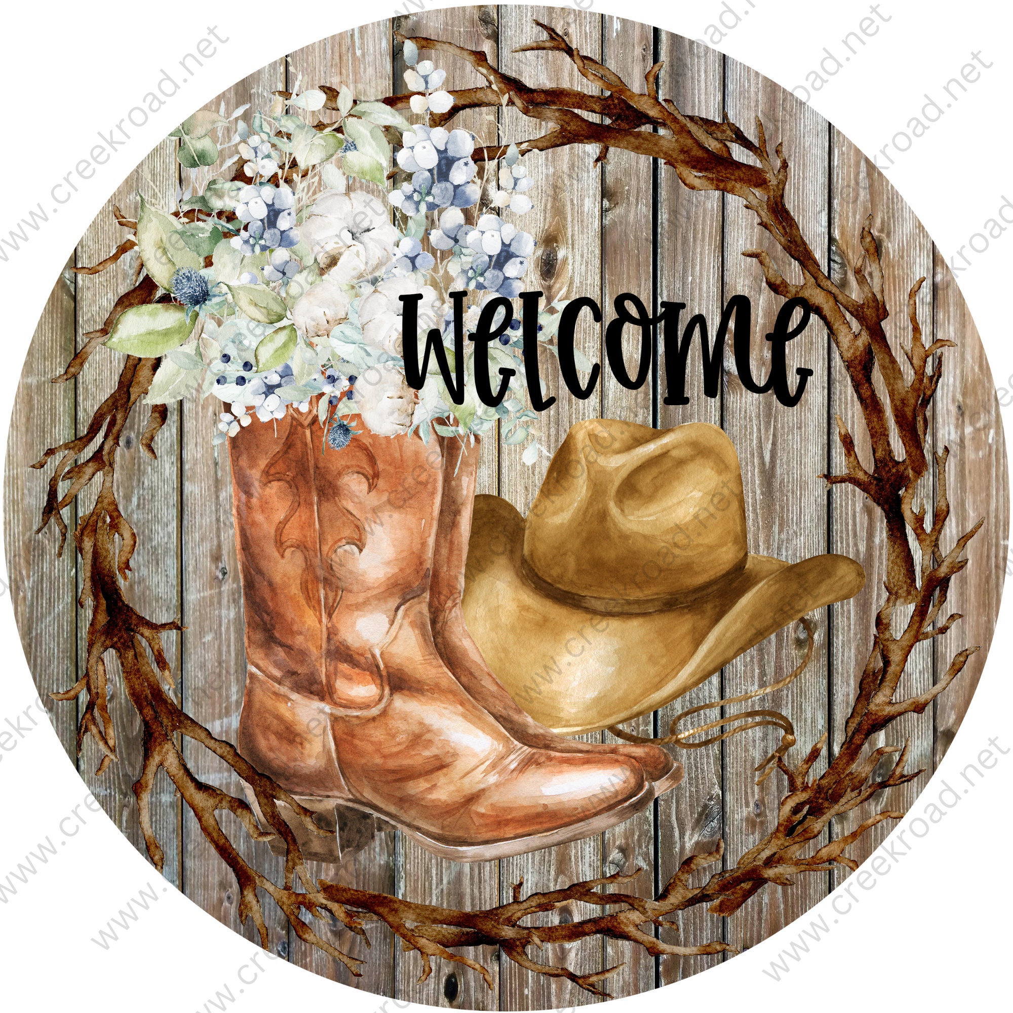 Welcome Rustic Western Cowboy Hat Boots Full of Flowers on Wood