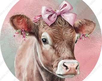 Pretty Pink Farm Cow with Pink Green Bows on Textured Colored Background Wreath Sign-Round-Farm-Everyday-Spring-Sublimation-Attachment-Decor