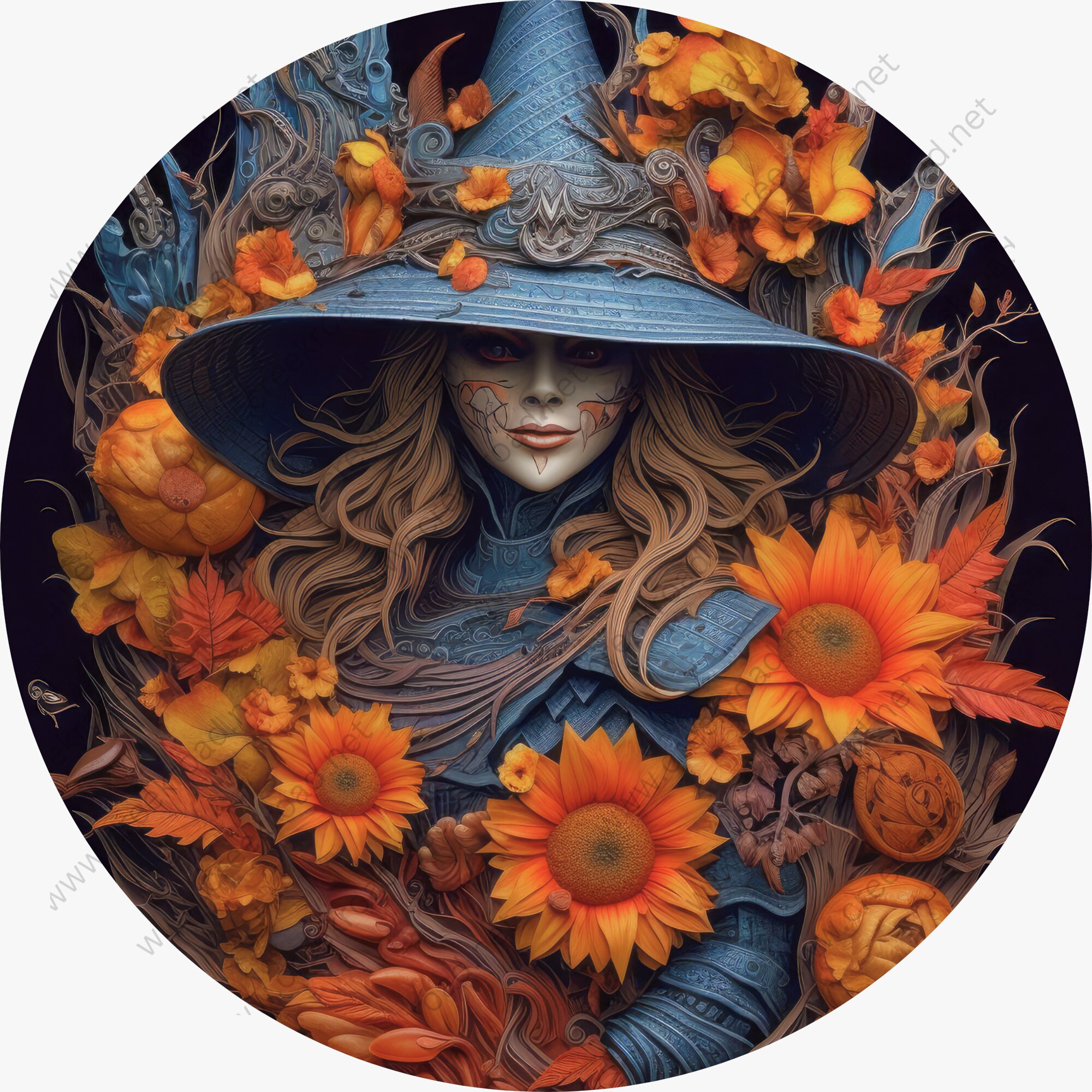 Halloween Blue Witch in Orange Sunflowers Wreath picture image