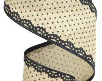 2.5" X 10Yd Wired Ribbon-Lt. Beige Black Raised Swiss Dots W/Lace-RG08818X4-Wreaths-Crafts-Decor-Everyday