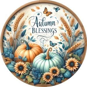Autumn Blessing Teal Orange Pumpkins Fall BOHO Sublimated Wreath Sign