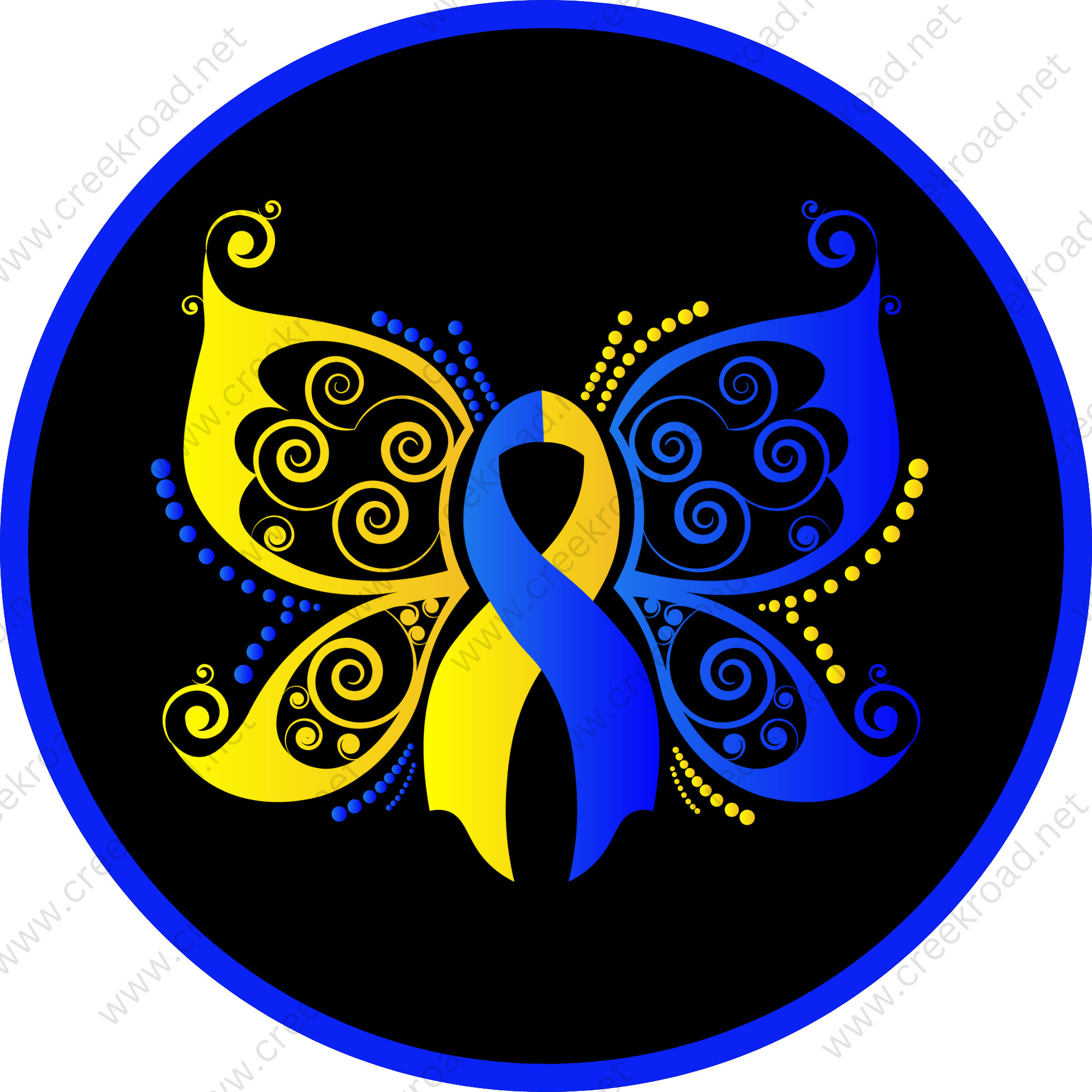 Down Syndrome Awareness Butterfly Yellow Blue on Black 