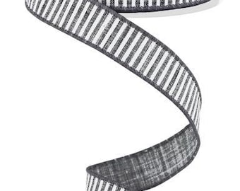 7/8" X 10Yd Wired Ribbon-Horizontal Stripes-Grey/White-RG778010