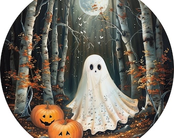Halloween Ghost In Forest Sublimated Wreath Sign