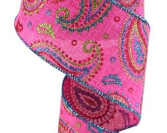 2.5" X 10Yd Wired Ribbon-Paisley On Royal Ribbon-RGC137622-Pink/Lime/Ht Pnk/Turq-Wreaths-Crafts