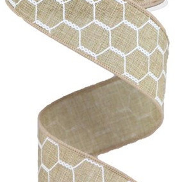 1.5" X 10Yd Wired Ribbon-Light Beige Chicken Wire On Royal-RGA1085CJ--Wreaths-Crafts-Decor-Everyday