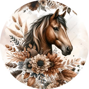 May include: A brown horse with a white mane and tail is surrounded by a bouquet of brown, beige, and gray flowers. The flowers are arranged in a circle around the horse's head.