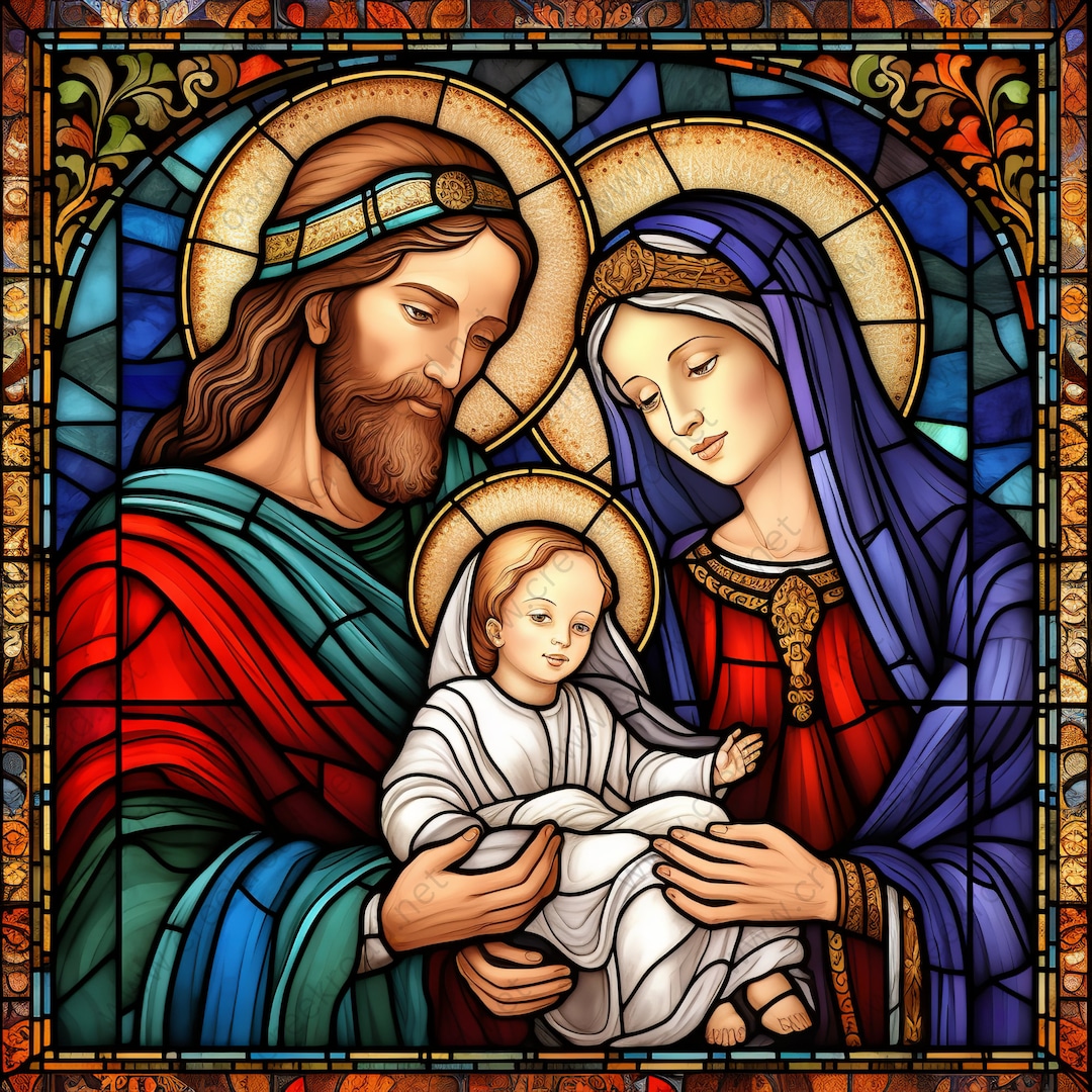 Christmas Nativity Faux Stained Glass Mary Joseph Baby Jesus Wreath