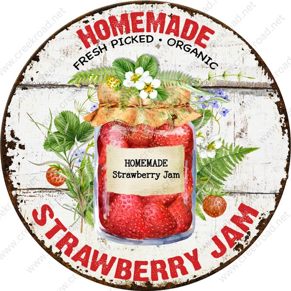 Homemade Fresh Picked Organic Strawberry Jam in Jar Vintage Distressed Wreath Sign Attachment-Sublimation-Round-Summer Decor