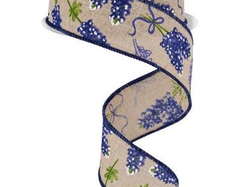 1.5" X 10Yd Wired Ribbon-Bluebonnet Pattern-Natural/Blue/Green-RGF108418-Wreaths-Crafts-Decor-Seasonal