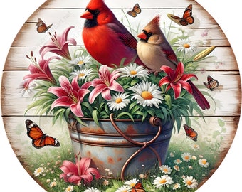 Cardinal Couple on Spring Floral Bucket Wreath Sign-Round-Farm-Western-Spring-Sublimation-Attachment-Decor