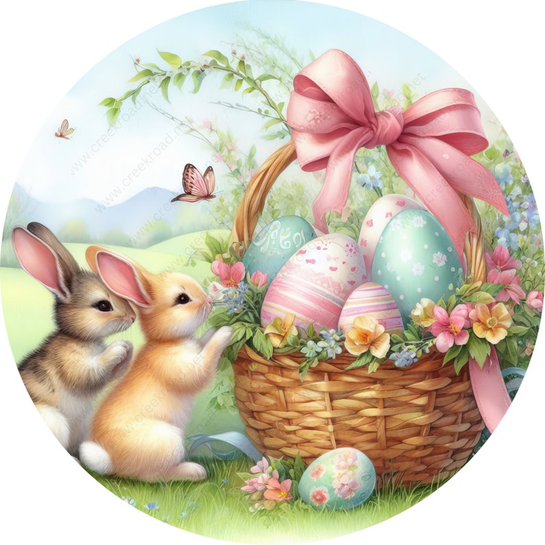 Easter Bunny Basket Pastel Eggs Pink Bow Wreath Sign-sublimation ...