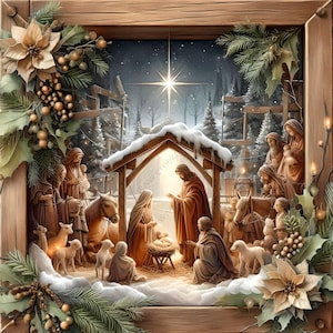 May include: A nativity scene with a wooden frame, a star shining above a manger with a baby Jesus, Mary, Joseph, and other figures. The scene is set in a snowy forest with a rustic wooden fence.