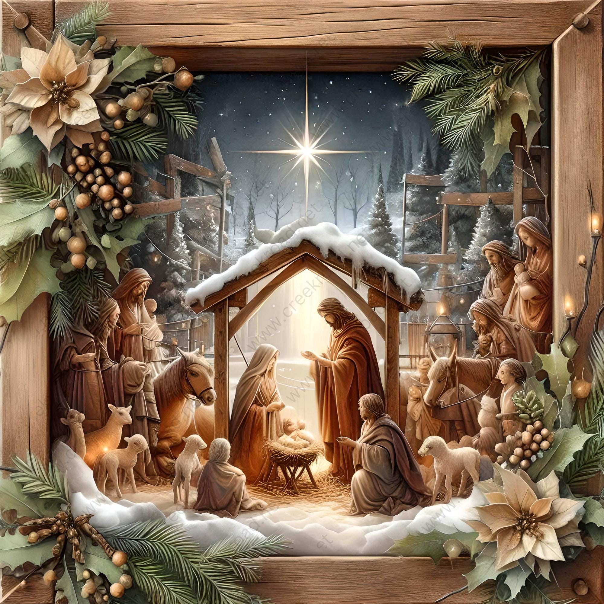 Christmas Nativity Manger Scene Gold Poinsettia Wreath Sign-10