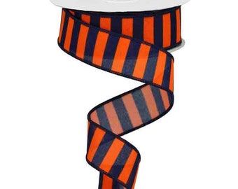 1.5" X 10Yd Wired Ribbon-Orange and Navy Stripe Ribbon-RGA11956R-Wreaths-Crafts-Decor-Everyday