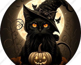 Halloween Witch Cat with Orange Eyes Golden Pumpkin with Full Moon Wreath Sign-Halloween-Sublimation-Decor