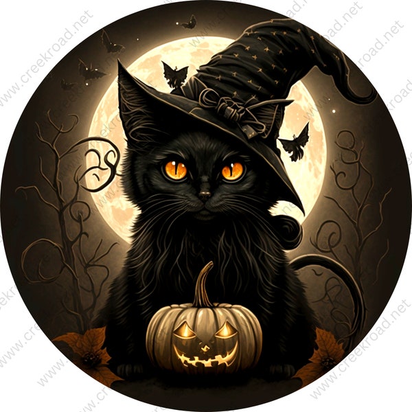 Halloween Witch Cat with Orange Eyes Golden Pumpkin with Full Moon Wreath Sign-Halloween-Sublimation-Decor