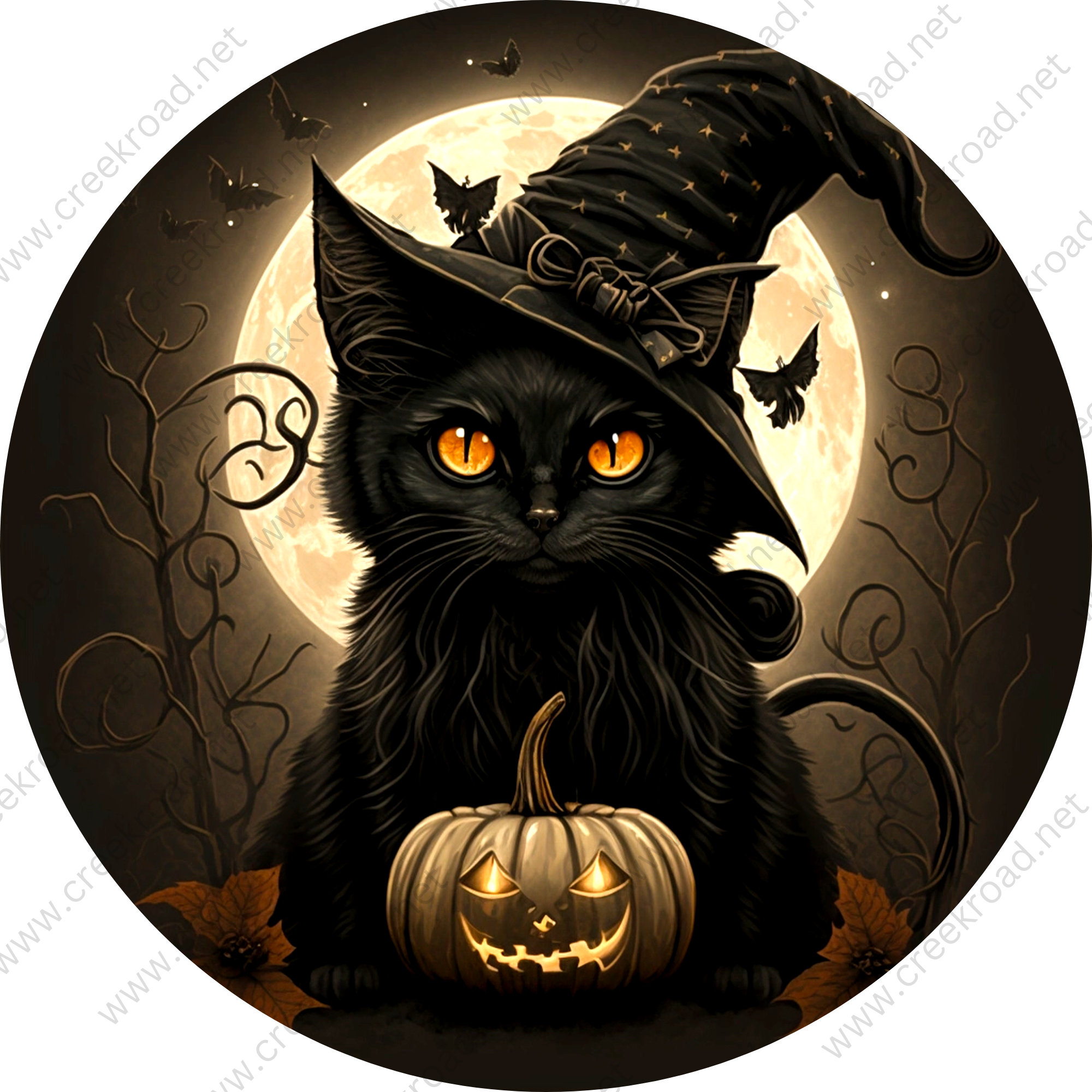 Halloween Witch Cat With Orange Eyes Golden Pumpkin With Full Moon