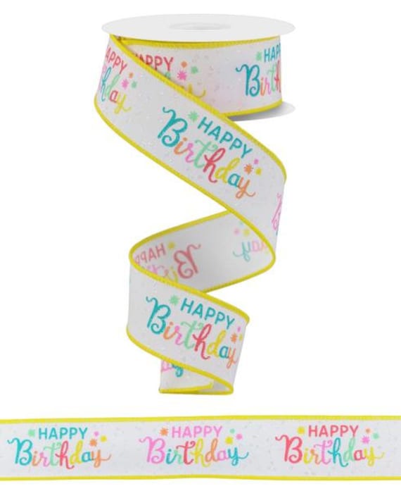 1.5x10yd Happy Birthday Ribbon White/Peach/Teal/Pink