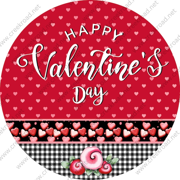 Happy Valentines Day on Pink Heart Background with Black White Checkered Border Wreath Sign-Decor-Sublimation-Aluminum-Attachment