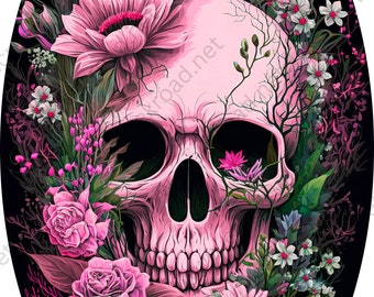 Pink Humsn Skull in Flowers Background Wreath Sign-7&quot;x12&quot; Oval Halloween-Sublimation-Decor-Creek Road Designs