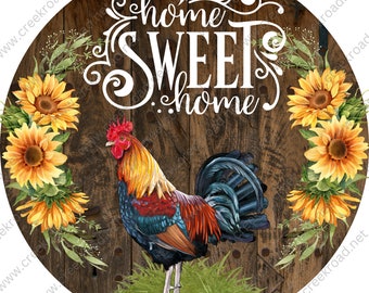 Home Sweet Home New Hampshire Red Rooster with Sunflowers on Wood Background Wreath Sign-Round-Everyday-Spring-Sublimation-Attachment-Decor