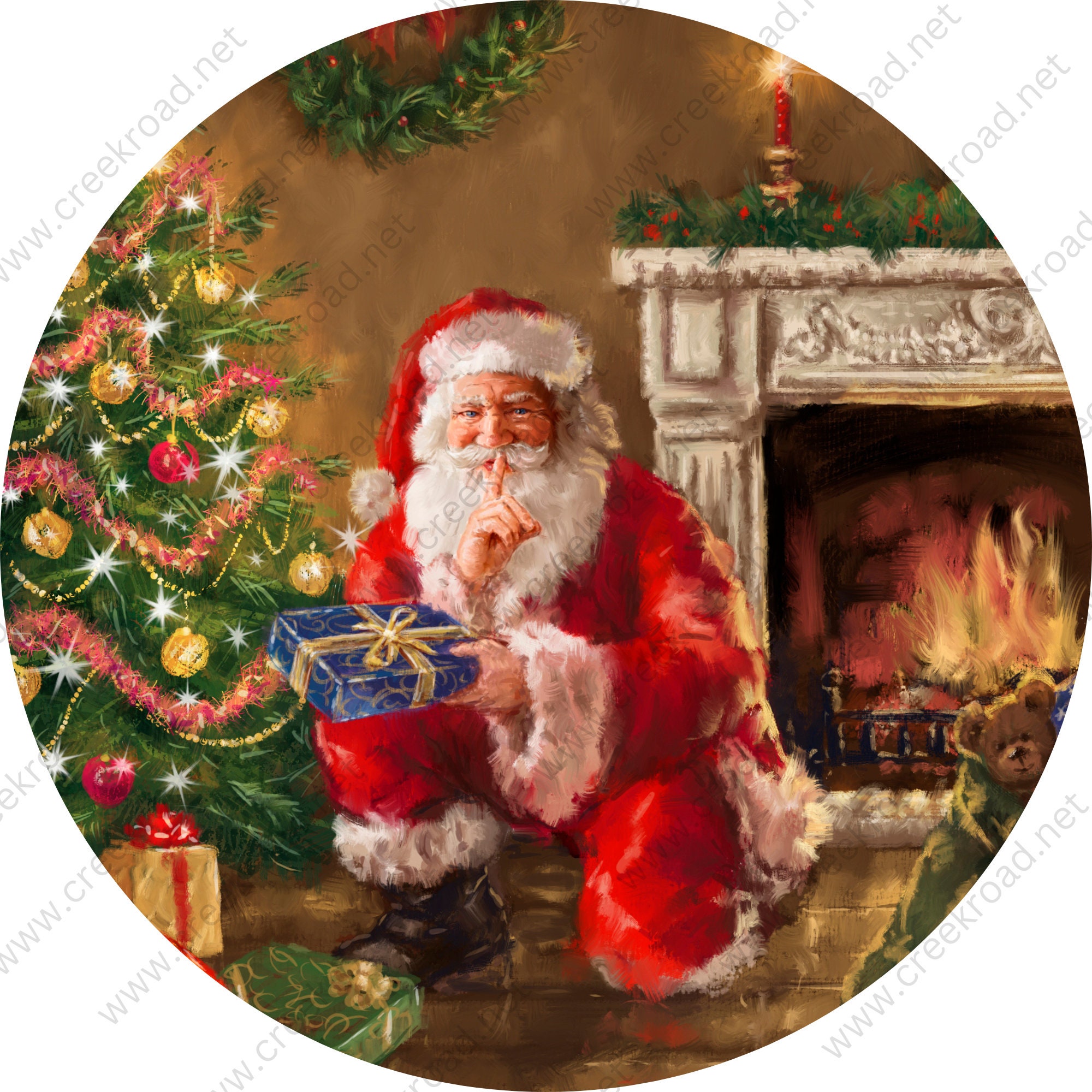 Santa Claus Quietly Leaving Presents Wreath Wreath  Sign-Sublimation-Round-Christmas-Decor