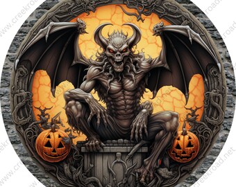 Evil Gargoyle With Pumpkins Wreath Sign-halloween-sublimation-decor-creek  Road Designs - Etsy