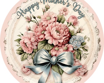 Happy Mother's Day Pink Flowers Bow Scalloped Border Wreath Sign-Round-Sublimation-Spring-Decor