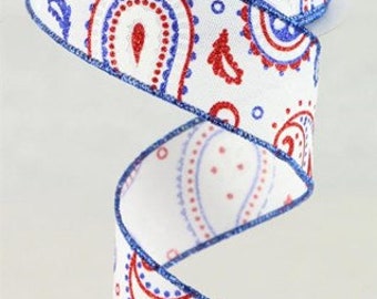 1.5" X 10Yd Wired Ribbon-Patriotic Paisley on Royal-RGC138127-White/Red/Royal Blue-Wreaths-Crafts-Patriotic-Decor-