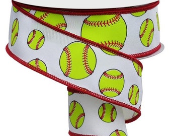 1.5" X 10Yd Wired Ribbon-Yellow Softball on White Ribbon-RGA172127-White/Yellow/Red/Black-Wreaths-Crafts-Decor