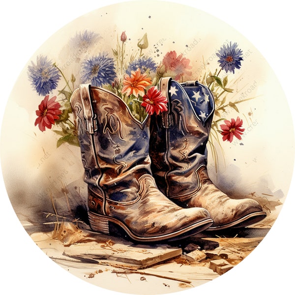 Western Patriotic Cowboy Boots Flowers Wreath Sign-Round-Farm-Western-Sublimation-Attachment-Decor