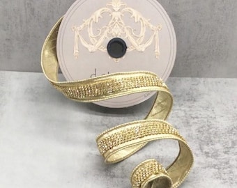 1" x 5yds metallic dupion clear gold duchess jewel center, gold-ds05-1281
