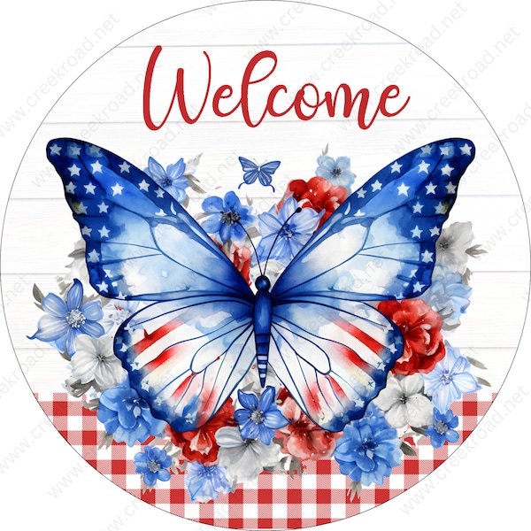 Welcome Patriotic Butterfly Watercolor on Shiplap Background Red White Gingham Wreath Sign-Sublimation-Decor-Round-Creek Road Design