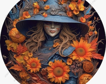 Halloween Blue Witch in Orange Sunflowers Wreath Sign-Halloween-Sublimation-Decor-Creek Road Designs