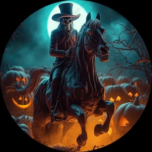 May include: A skeletal figure riding a black horse through a field of glowing jack-o'-lanterns. The rider wears a top hat and a long coat. The scene is set against a dark, moonlit sky.