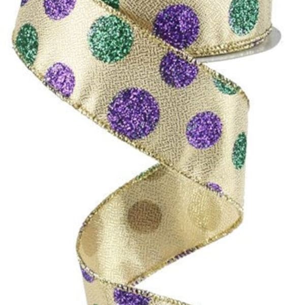 1.5" X 10Yd Wired Ribbon-Multi Size Glitter Dots Ribbon-RG01709WY-Wreaths-Crafts-Decor-Beads Green Purple Gold