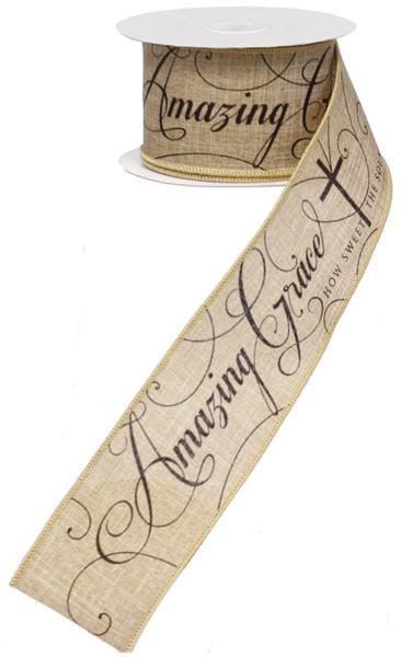 2.5" X 10Yd Wired Ribbon-Amazing Grace, How Sweet The Sound-Beige/Black-RG0113601